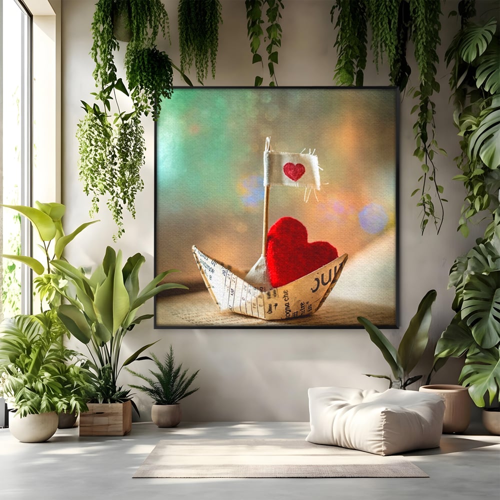 Tablou canvas cu barca din hartie cu inima rosie, in rama de aluminiu negru